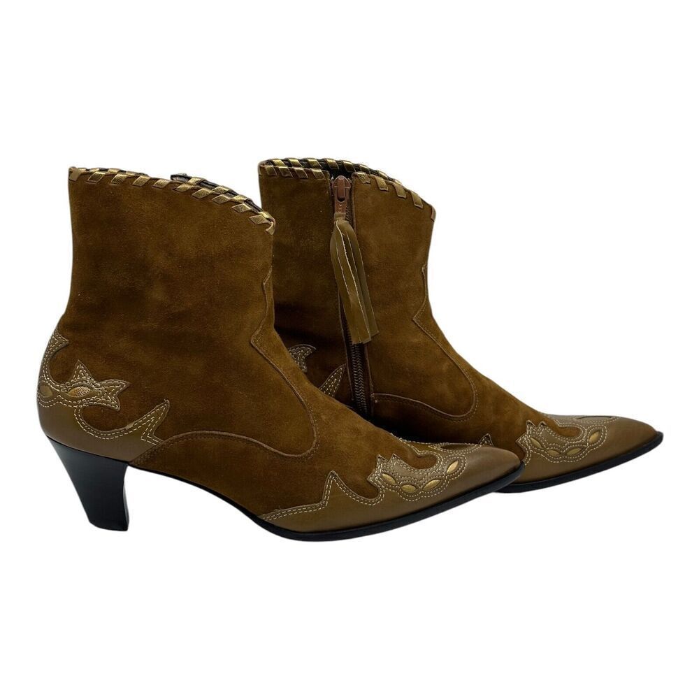 Antonio Melani Western Boots Women 7.5M Brown Suede Gold Pointed Kitten Heel - Picture 8 of 15